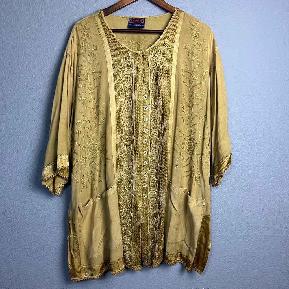 Fabulous India Embroidered‎ Gold Tunic Jacket Boho Festival Pockets Size 1X–3X